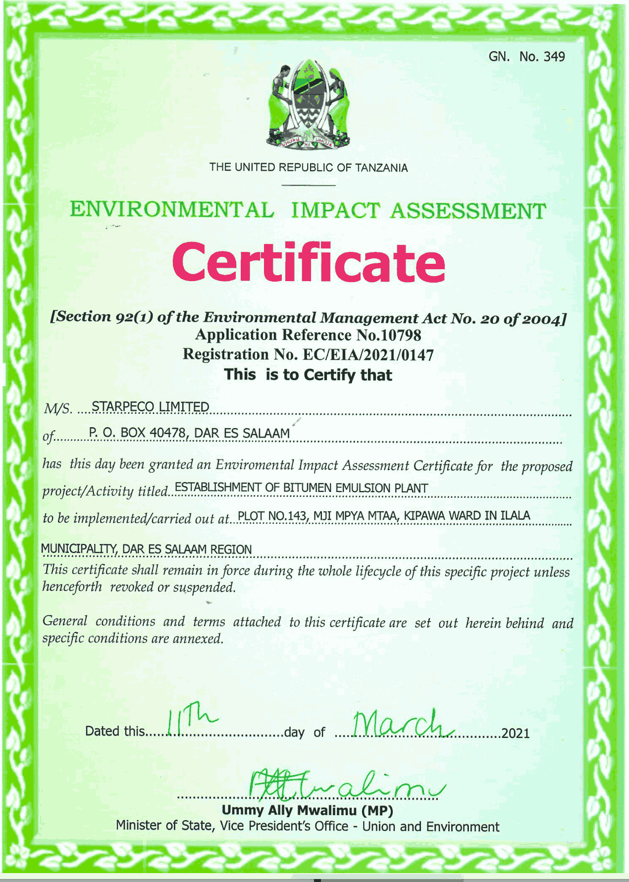 Environmental Impact Assessment Certificate