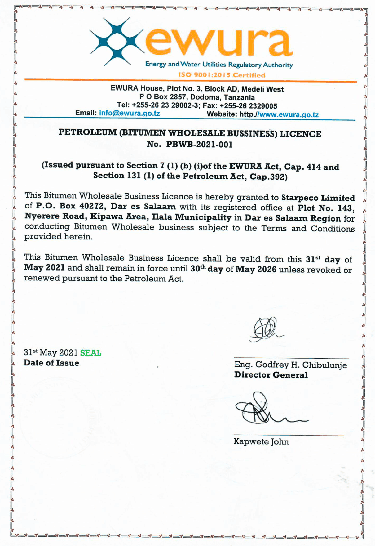 EWURA Petroleum Wholesale Business Licence